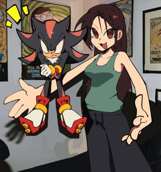 1boy 1girl artist_self-insert black_pants brown_eyes brown_hair collarbone commentary english_commentary family_guy furry furry_male green_tank_top long_hair meme mole mole_under_mouth notice_lines open_hands pants peter_griffin photo_background saewiam seth_macfarlane_throwing_peter_griffin_in_the_air_(meme) shadow_the_hedgehog shoes sneakers sonic_(series) sweatpants tank_top v-shaped_eyebrows very_long_hair white_footwear