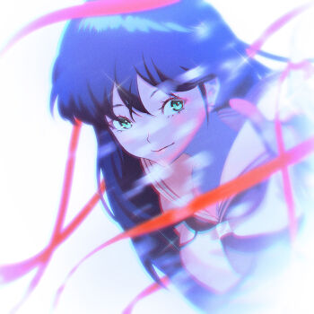 1girl angelmo_cromwell ayukawa_madoka black_hair black_neckerchief blurry blurry_foreground blush commentary english_commentary glint green_eyes hair_between_eyes highres kimagure_orange_road long_hair looking_to_the_side neckerchief open_hand pink_lips red_ribbon ribbon sailor_collar school_uniform serafuku smile solo string string_of_fate white_background