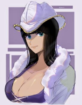 1girl absurdres black_hair blue_eyes blunt_bangs breasts cleavage closed_mouth coat cowboy_hat cross-laced_clothes cross-laced_top fur-trimmed_coat fur_trim hat highres large_breasts looking_at_viewer medium_hair nico_robin one_piece p4p_q purple_shirt shirt solo twitter_username upper_body white_coat white_hat