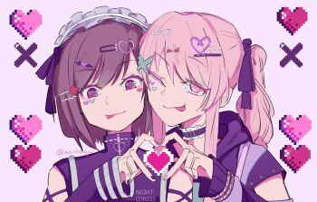 Rule 34 | 1girl, 1other, :p, absurdres, akiyama mizuki, androgynous, bob cut, brown eyes, brown hair, choker, colored eyelashes, commentary, cross hair ornament, fingernails, hair ornament, hairclip, hand up, headdress, heart, heart hands, heart hands duo, highres, jewelry, looking at viewer, nail polish, negai wa itsuka asa wo koete (project sekai), official alternate costume, one eye closed, pink background, pink eyes, pink hair, pink nails, project sekai, ring, santii, shinonome ena, short hair, side ponytail, simple background, tongue, tongue out, twitter username, upper body