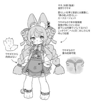 1girl :< animal_ear_piercing animal_ears animal_feet animal_hands barefoot bell bicornuate_uterus braid closed_mouth commentary_request cross-section dress furry furry_female greyscale hair_ornament loli long_hair long_sleeves looking_at_viewer monochrome ovaries possummachine rabbit_ears rabbit_girl sphere_hair_ornament thick_eyebrows translation_request twin_braids uterus very_long_hair zenless_zone_zero zhao_(zenless_zone_zero)
