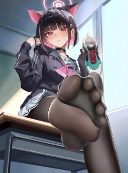 1girl absurdres animal_ears black_hair black_jacket black_pantyhose blue_archive bm_(bm364364) cat_ears colored_inner_hair crossed_legs desk extra_ears feet foot_focus from_below halo highres holding holding_shoes holding_unworn_clothes indoors jacket kazusa_(blue_archive) medium_hair multicolored_hair no_shoes on_desk pantyhose red_eyes school_desk shoes sitting skirt solo unworn_shoes white_skirt