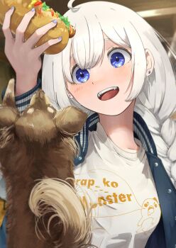 Rule 34 | 1girl, :d, absurdres, ahoge, blue eyes, blue jacket, braid, breasts, commentary, dog, english commentary, food, highres, holding, holding food, hot dog, jacket, kizuna akari, labbilatta 39, large breasts, low twin braids, open clothes, open jacket, open mouth, smile, solo, sweater, teeth, twin braids, upper body, upper teeth only, vocaloid, voiceroid, white hair, white sweater