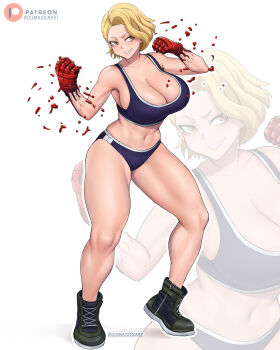 1girl absurdres blonde_hair boots breasts collarbone commentary commission curtained_hair dismaiden english_commentary full_body gloves grin hands_up highres huge_breasts looking_at_viewer navel patreon_logo patreon_username red_gloves sazanami_kuina smile sports_bra standing thick_thighs thighs tougen_anki twitter_username v-shaped_eyebrows yellow_eyes zoom_layer