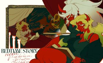 2girls aged_down blue_hair colored_skin commentary_request demon_girl demon_horns green_hair guru.zong highres horns kneesocks_(psg) looking_at_another multiple_girls panty_&amp;_stocking_with_garterbelt red_skin scanty_(psg)