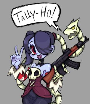 ak-47 assault_rifle blue_hair blue_skin colored_skin cowboy_shot dress english_text grey_background gun hair_over_one_eye holding holding_weapon kalashnikov_rifle leviathan_(skullgirls) looking_at_viewer mercysstrap open_mouth red_eyes rifle side_ponytail skullgirls speech_bubble squigly_(skullgirls) stitched_mouth stitches v weapon