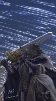 1boy 1other animal_ears armor black_fur blaidd_the_half-wolf blue_cape cambrian42 cape commentary elden_ring english_commentary fang highres holding holding_sword holding_weapon looking_to_the_side looking_up meteor_shower night night_sky over_shoulder shooting_star signature sky star_trail sword sword_over_shoulder tarnished_(elden_ring) weapon weapon_over_shoulder wolf_boy wolf_ears