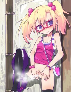 1girl :p bag black_thighhighs blonde_hair blush breasts caburi caburi_aki censored cigarette female_pubic_hair glasses holding holding_cigarette jewelry panties panties_around_leg pointless_censoring pubic_hair purple_eyes pussy pussy_juice pussy_smoking red-framed_eyewear skirt skirt_around_one_leg small_breasts smile smoke_from_pussy spread_pussy tank_top thighhighs tongue tongue_out twintails underwear vaginal_smoking