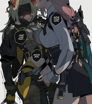 2girls assertive_female blindfold_mask blonde_hair blush braid breasts english_text eye_mask fingering fingering_through_clothes fingerless_gloves gloves highres large_breasts long_hair long_sleeves maiqo mask multiple_girls navel pants pink_hair shirt simple_background speech_bubble sweat through_clothes tongue twitter twitter_username white_shirt yuri