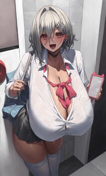 1girl :d absurdres black_choker breasts cellphone choker cleavage commentary_request gigantic_breasts grey_skirt hair_between_eyes highres looking_at_viewer medium_hair miniskirt no_bra open_mouth original phone pleated_skirt red_eyes school_uniform shirt skirt smartphone smile solo thighhighs white_hair white_shirt white_thighhighs yamanokami_eaka