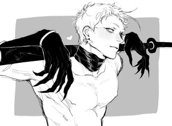 1boy arms_up closed_mouth collarbone earrings fingernails gloves greyscale heart highres iwatooshi jewelry looking_to_the_side male_focus monochrome nipples nude over_shoulder piercing sharp_fingernails short_hair sideways_glance sketch solo sword sword_over_shoulder touken_ranbu upper_body weapon weapon_over_shoulder ykfr_b