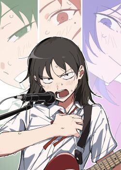 4girls black_eyes black_hair blush cable close-up clutching_chest collared_shirt column_lineup commentary_request dress_shirt drooling electric_guitar fujii_ayame futsuu_no_keion-bu green_eyes green_hair guitar guitar_strap hand_on_own_chest hatono_chihiro heartbreak_(futsuu_no_keion-bu) highres instrument kouyama_rin looking_at_viewer matarasu_(aaaaaaaaj) medium_hair microphone microphone_stand mole mole_under_eye multiple_girls music neck_ribbon open_mouth portrait purple_eyes purple_hair red_eyes red_hair red_ribbon ribbon shirt short_sleeves singing uchida_momo upper_body v-shaped_eyebrows white_shirt