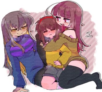 1boy 2girls age_difference alternate_hair_length_(longer) blue_shorts blue_sweater blush bra breasts brown_hair bulge chara_(undertale) collared_sweater commentary_request deltarune erection erection_under_clothes fake_horns frisk_(undertale) genderswap genderswap_(otf) genderswap_(otm) genderswap_on_genderswap green_sweater grey_shorts heart horns kris_(deltarune) large_breasts long_hair long_sleeves mature_female mr0x0 multicolored_hair multiple_girls onee-shota open_mouth red_eyes shirt short_hair shorts shota simple_background smile striped_clothes striped_sweater sweater too_many_watermarks two-tone_sweater undertale underwear utdr_(toby_fox) watermark