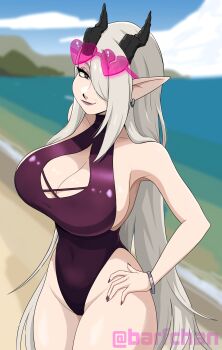 1girl absurdres barfchan beach breasts bright_pupils cleavage cleavage_cutout clothing_cutout eyewear_on_head grey_hair halterneck hand_on_own_hip highres horns long_hair mature_female original pointy_ears smile solo sunglasses swimsuit white_pupils