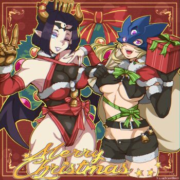 Rule 34 | 2girls, :d, adapted costume, alternate costume, armpits, bare shoulders, bat tattoo, beelstarmon, bell, belt, bikini, bikini top only, black belt, black gloves, black hair, black leotard, black mask, black shorts, black vest, blonde hair, blue eyes, box, breasts, capelet, christmas, chromatic aberration, cleavage, collarbone, commentary, covered navel, cropped legs, cropped vest, dclaret, demon, demon girl, demon wings, detached sleeves, digimon, digimon (creature), elbow gloves, english commentary, eye mask, eyeshadow, facial mark, fallen angel, forehead mark, forehead tattoo, fur-trimmed bikini, fur-trimmed capelet, fur-trimmed shorts, fur trim, gift, gift box, gloves, green ribbon, grin, groin, hair ornament, hand up, highres, holding, holding gift, holding sack, horns, jingle bell, large breasts, leotard, lilithmon, long hair, looking at viewer, makeup, mark of evil, mask, merry christmas, monster girl, multiple girls, navel, one eye closed, open fly, open mouth, parted bangs, pointy ears, purple eyeshadow, purple lips, red background, red bikini, red capelet, red ribbon, red sleeves, revealing clothes, ribbon, sack, see-through cleavage, see-through clothes, short hair, short shorts, shorts, sidelocks, smile, standing, stomach, striped ribbon, swimsuit, tattoo, teeth, third eye, twitter username, underboob, v, vest, wings