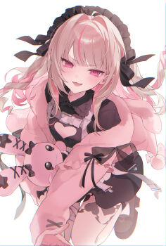 1girl absurdres black_dress black_shoes blurry brown_hair cleavage_cutout clothing_cutout colored_inner_hair debitto_(makaino_ririmu) depth_of_field dress hair_intakes heart_cutout highres jacket long_hair looking_at_viewer maid_headdress makaino_ririmu makaino_ririmu_(5th_costume) multicolored_hair nijisanji official_alternate_costume pink_eyes pink_jacket pointy_ears ran_(v17071107) shoes simple_background smile solo streaked_hair stuffed_animal stuffed_rabbit stuffed_toy tattoo two_side_up virtual_youtuber white_background winged_heart winged_heart_tattoo