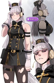 adapted_costume alternate_color black_dress black_eyeliner black_hat black_nails blunt_bangs buttons commentary crying_asagiri_aya_(meme) double-breasted dress english_commentary eyeliner fingerless_gloves frown gameplay_mechanics gloves gold_ship_(umamusume) grey_hair hat highres jitome jourd4n looking_at_viewer makeup meme mouth_hold multiple_views pantyhose parted_lips pillbox_hat pink_eyes rain skull sleeveless sleeveless_dress stalk_in_mouth torn_clothes torn_pantyhose umamusume white_gloves