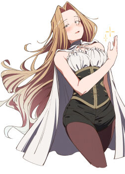Rule 34 | 1girl, black corset, black shorts, blush, breasts, brown pantyhose, cape, corset, cowboy shot, criss-cross halter, cropped legs, curtained hair, eitopondo, framed breasts, green eyes, halterneck, highres, long hair, looking at viewer, medium breasts, methode (sousou no frieren), pantyhose, parted bangs, parted lips, shorts, simple background, sleeveless, smile, solo, sousou no frieren, sparkle, standing, white background, white cape