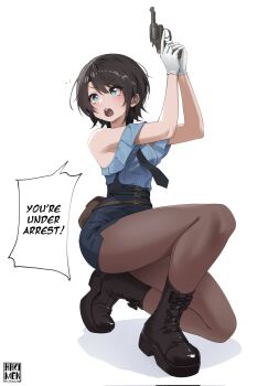 1girl arms_up artist_name black_boots black_hair black_necktie blue_eyes blue_shirt boots clothing_cutout commentary corrupted_twitter_file english_text full_body gloves hakimen highres holding holding_weapon hololive necktie official_alternate_costume on_one_knee oozora_subaru oozora_subaru_(police) pantyhose pencil_skirt police police_uniform policewoman shirt short_hair shoulder_cutout skirt speech_bubble sweatdrop thighs v-shaped_eyebrows virtual_youtuber weapon white_gloves