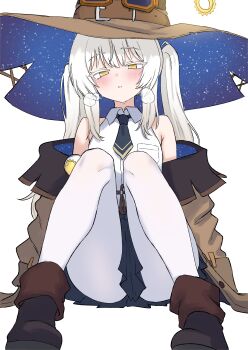 Rule 34 | 1girl, absurdres, bare shoulders, black boots, black necktie, black skirt, boots, brown hat, brown jacket, check copyright, collared shirt, colored eyelashes, commentary request, commission, copyright request, hat, highres, jacket, knees up, long hair, looking at viewer, miniskirt, necktie, off shoulder, oldsickkim, original, pantyhose, pleated skirt, shirt, short necktie, simple background, sitting, skirt, sleeveless, sleeveless shirt, solo, starry sky print, twintails, white background, white eyelashes, white hair, white pantyhose, white shirt, witch hat, yellow eyes