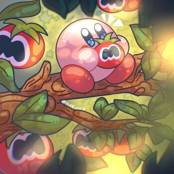 aimaay artist_name commentary eating highres in_tree kirby kirby_(series) leaf maxim_tomato nintendo no_humans outdoors sitting sitting_in_tree sunlight tree