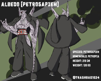 Rule 34 | 1boy, albedo (ben 10), alien, ben 10, blue pants, character name, character profile, crystal skin, highres, jacket, jacket over shoulder, open clothes, open jacket, pants, trashbag1024, twitter username, ultimatrix, unworn jacket, white jacket