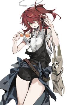 1girl alternate_costume arknights bead_necklace beads black_overalls breasts clothes_around_waist collared_shirt commentary exusiai_(arknights) exusiai_the_new_covenant_(arknights) feet_out_of_frame grey_background grey_bag hair_between_eyes hair_intakes halo highres holding holding_removed_eyewear jacket jewelry looking_at_viewer loose_clothes medium_hair muki_(muki_kunxd) necklace one_side_up orange-tinted_eyewear overall_shorts overalls parted_lips red_hair shirt simple_background small_breasts solo symbol-only_commentary tied_jacket tinted_eyewear unworn_eyewear white_halo white_shirt yellow_eyes