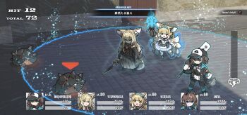 4girls amiya_(arknights) amonitto animal_ears arknights blonde_hair blue_hairband brown_hair casting_spell fox_ears fox_girl hairband hat highres holding holding_staff kitsune kyuubi multiple_girls multiple_tails originium_slug_(arknights) peaked_cap rabbit_ears rabbit_girl rhodes_island_medic_(arknights) staff suzuran_(arknights) tail translation_request user_interface vulpisfoglia_(arknights)