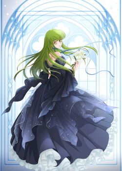 1girl bare_shoulders black_dress blue_ribbon breasts c.c. code_geass dated dress floating_hair flower frilled_dress frills from_behind full_body green_hair hair_ribbon highres holding holding_flower iwai10iwai long_dress long_hair looking_at_viewer looking_back medium_breasts off-shoulder_dress off_shoulder parted_lips puffy_sleeves ribbon solo very_long_hair white_flower window yellow_eyes