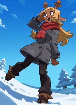 1girl absurdres alt_text alternate_costume animal_ears animal_nose antlers black_coat blonde_hair brown_eyes brown_fur coat commentary deer_antlers deer_ears deer_girl deltarune english_commentary from_below full_body furry furry_female highres hooves horns long_hair noelle_holiday open_mouth outdoors perishrepublic red_scarf scarf sky snow solo standing utdr_(toby_fox)