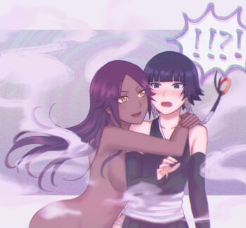 2girls artist_request black_hair bleach breast_press breasts dark-skinned_female dark_skin highres hug large_breasts long_hair multiple_girls nude purple_hair shihouin_yoruichi sideboob source_request sui-feng yellow_eyes yuri