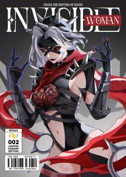 1girl armor bandaged_head bandages bclarissart black_leotard black_sclera breasts colored_sclera fantastic_four gloves grey_hair highleg highleg_leotard highres leotard long_hair looking_at_viewer malice_(sue_storm) marvel marvel_rivals red_eyes red_scarf scarf shoulder_spikes smile solo spiked_armor spiked_helmet spikes sue_storm