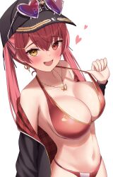 Rule 34 | 1girl, breasts, cleavage, hat, hololive, houshou marine, kumoru (kumoru 145), looking at viewer, open mouth, red eyes, red hair, smile, solo, twintails, yellow eyes