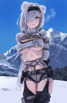 1girl a_tea animal_ears arknights arms_behind_back aurora_(arknights) bdsm belt blue_eyes bondage bound breasts cleavage_cutout clothing_cutout crotch_rope grey_hair grey_panties hair_over_one_eye highres large_breasts long_hair looking_at_viewer mountain outdoors panties shibari shibari_over_clothes shrug_(clothing) skindentation snow solo standing stomach thigh_gap thigh_strap underboob underwear very_long_hair winter winter_clothes