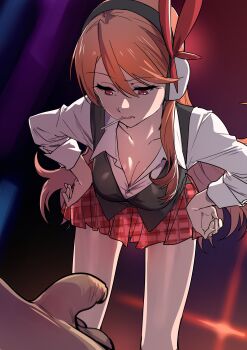 1girl absurdres akame_ga_kill! ball_busting bdsm black_vest breasts candy cbt character_request chelsea_(akame_ga_kill!) collarbone commission femdom flaccid food hairband hands_on_own_hips highres leaning_forward legs lollipop long_hair looking_at_penis looking_down medium_breasts orange_hair penis pixiv_commission pleated_skirt red_eyes red_skirt shirt skirt standing straydogshelter swept_bangs testicles vest white_shirt