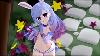 1girl 3d animal_ears blush breasts choker collarbone elbow_gloves elin gloves gradient_hair gs-mantis highres loli long_hair multicolored_hair navel nipples outdoors purple_eyes purple_hair rabbit_ears short_shorts shorts small_breasts smile solo stomach tera_online