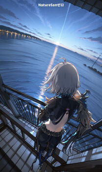 1girl absurdres ahoge artist_name back black_flower black_jacket black_shorts black_wings blake_bloom_(wuthering_waves) coattails commentary cropped_jacket english_commentary feathered_wings flower from_behind galbrena_(wuthering_waves) grey_hair hand_up highres jacket median_furrow medium_hair ocean photo_background revision ryeon_(naturesan) shorts single_wing sitting solo sunrise tacet_mark_(wuthering_waves) wings wuthering_waves