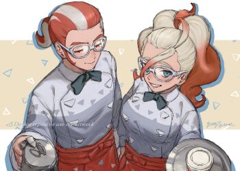 1boy 1girl 91007 apron black_bow black_bowtie blonde_hair blue_eyes bow bowtie closed_eyes coffee_pot cowlick cup disposable_coffee_cup disposable_cup glasses gradient_hair grin griselle_(pokemon) grisham_(pokemon) holding holding_tray looking_at_viewer multicolored_hair nintendo orange_apron orange_hair pokemon pokemon_legends:_z-a ponytail shirt short_ponytail sideburns smile split_ponytail thick_eyebrows tray twitter_username two-tone_hair upper_body waist_apron wavy_hair white-framed_eyewear white_hair white_shirt