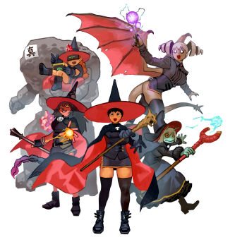 5girls absurdres antennae aqua_skin black_boots black_cape black_eyes black_gloves black_hair black_hat black_sclera black_thighhighs boots braid breasts cape colored_sclera colored_skin commentary_request crystal dragon_girl dragon_tail dragon_wings dress drill_hair fireball frog_girl fur-trimmed_sleeves fur_trim furry furry_female gloves golem grin hat head-mounted_display highres holding holding_mace holding_scepter holding_staff holding_tablet_pc holding_wand holding_weapon horizontal_pupils kawabata_ryuuko_(narisokonai) large_breasts long_dress long_hair mace magic microskirt miniskirt multiple_girls narisokonai orange_hair original pointing pointy_ears scepter scorpion_tail short_hair sitting skirt smile staff tablet_pc tail thighhighs twin_drills two-sided_cape two-sided_fabric two-sided_headwear wand weapon white_eyes white_hair wings witch_hat zettai_ryouiki