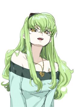 c.c. code_geass cosplay creayus eyewear_on_head green_hair jewelry long_hair macross macross_frontier necklace off_shoulder sheryl_nome sheryl_nome_(cosplay) visible_ears yellow_eyes