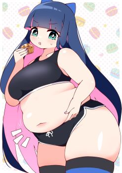1girl aqua_eyes belly belly_grab black_shorts black_sports_bra black_thighhighs blue_bow blue_eyes blue_hair blue_thighhighs blunt_bangs blush bow breasts chewing colored_inner_hair eating fat fat_rolls fat_woman food food_in_mouth gym_shorts hair_bow hand_on_own_stomach highres holding holding_food large_breasts long_hair muffin muffin_top multicolored_hair navel open_mouth panty_&amp;_stocking_with_garterbelt pink_hair plump polka_dot polka_dot_background purple_nails shiyo_hodaka short_shorts shorts solo sports_bra standing stocking_(psg) striped_clothes striped_thighhighs sweat thick_thighs thighhighs thighs very_long_hair