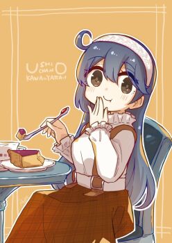 1girl ahoge alternate_costume ane_hoshimaru black_hair brown_eyes brown_skirt cake chair character_name cup eating feet_out_of_frame food fork frilled_shirt frills hairband highres holding holding_own_hair kantai_collection long_hair long_skirt shirt sitting skirt solo suspender_skirt suspenders teacup ushio_(kancolle) white_hairband white_shirt