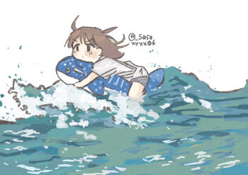 1girl absurdres artist_name brown_hair commentary_request highres ocean original riding sasaxxxx06 shirt short_sleeves solo twitter_username waves whale_shark white_shirt