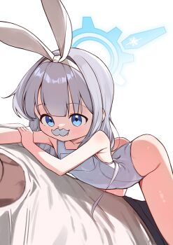 1boy 1girl animal_ears ass blue_archive blue_eyes blue_halo blush cherino_(blue_archive) facial_hair fake_animal_ears fake_facial_hair fake_mustache halo highres led_winter loli mustache one-piece_swimsuit open_mouth rabbit_ears school_swimsuit shirt swimsuit white_background white_hair white_mustache white_one-piece_swimsuit white_school_swimsuit white_shirt