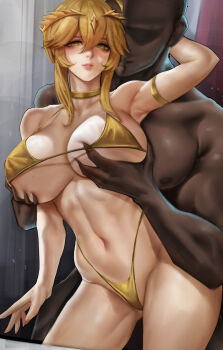 1boy 1girl absurdres artoria_pendragon_(fate) artoria_pendragon_(lancer)_(fate) blonde_hair blush breasts commentary dark-skinned_male dark_skin english_commentary fate/grand_order fate_(series) grabbing_another's_breast groping highres imminent_penetration large_breasts muscular muscular_male navel sherylnome toned toned_female