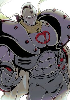 Rule 34 | 1boy, absurdres, armor, cape, commentary request, covered abs, covered pectorals, cowboy shot, from above, gloves, grey gloves, grey helmet, grey theme, helmet, highres, kinnikuman, looking at viewer, male focus, muscular, muscular male, no pupils, otyumamii, pauldrons, pectorals, scarf, shoulder armor, silver armor, silverman, solo, white background, white cape, wrestling trunks, yellow scarf