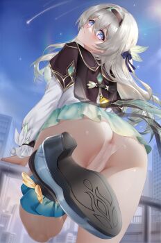 1girl aqua_skirt ass black_capelet black_hairband blue_sky blush capelet cityscape commentary_request firefly_(honkai:_star_rail) from_behind gradient_eyes gradient_hair green_pupils grey_hair hair_between_eyes hair_ornament hairband hand_on_railing high_heels highres honkai:_star_rail honkai_(series) kamue leg_up long_hair long_sleeves looking_at_viewer looking_back multicolored_eyes multicolored_hair panties parted_lips purple_eyes railing shirt shoe_soles skirt sky solo thighs two-tone_eyes underwear white_panties white_shirt