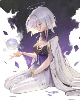 1girl alternate_breast_size_(larger) breasts cleavage commentary dress earrings grey_hair halo hand_up jacket jewelry long_hair medium_breasts mornye_(wuthering_waves) parted_lips planet purple_dress purple_sky red_eyes see-through_body sib_(9obsl) sky solo star_(sky) starry_sky tacet_mark_(wuthering_waves) triangle_earrings white_jacket wuthering_waves