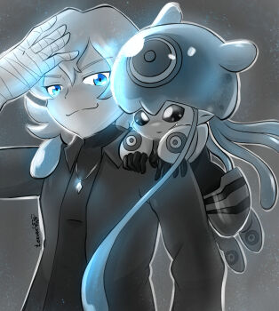 bandaged_arm bandages blue_eyes digimon digimon_(creature) digimon_ghost_game higashimitarai_kiyoshiro highres jellyfish_girl jellymon monster_girl short_hair tentacle_hair tentacles tezuze white_hair