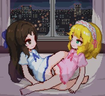 2girls animated animated_gif bed blonde_hair blush bottomless brown_eyes brown_hair commentary_request curtains green_eyes hinainf idolmaster idolmaster_cinderella_girls kodomo_doushi loli long_hair lowres multiple_girls no_panties on_bed open_mouth pajamas pink_pajamas pussy pussy_juice sakurai_momoka short_hair smile spread_legs tachibana_arisu tribadism white_pajamas window yuri
